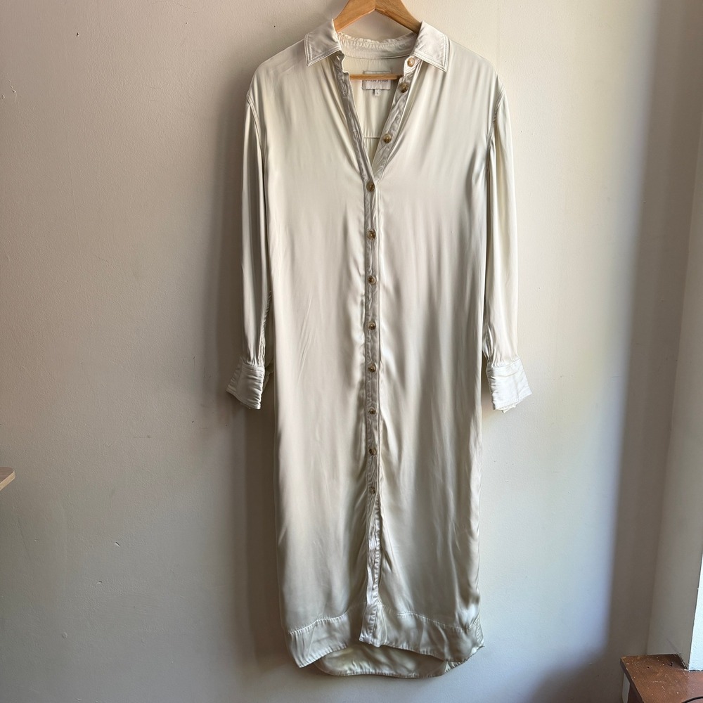 Loulou Studio Ara Satin Viscose Button Down Midi Shirt Dress Ivory L